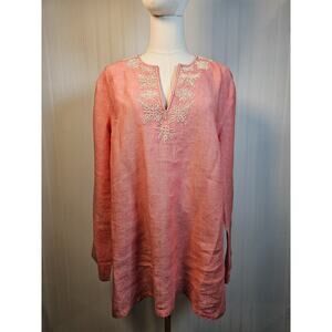 Lands' End Beaded Linen Tunic Women's Size L Coral Beach Travel